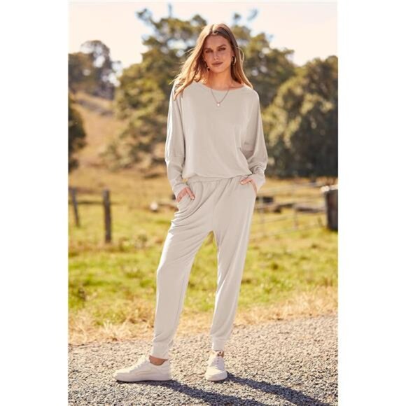 New Women's 2-Piece Sweatsuit Set - Pullover & Long Pants, Solid Color, Apricot - Picture 3 of 7